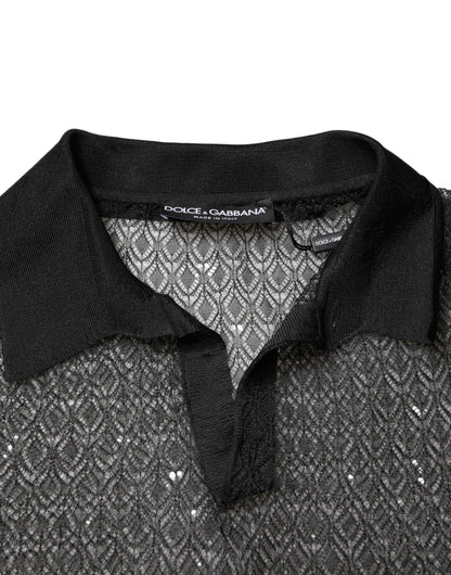 Black Sheer Short Sleeves Casual Polo  Top