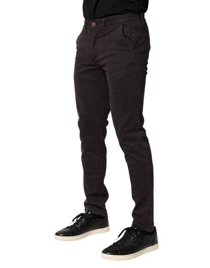 Dark Brown Cotton Stretch Skinny Mid Waist Men Trouser Pants