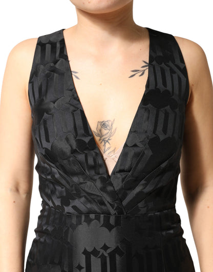 Black Jacquard Deep V-neck Sleeveless 2 Pc Dress