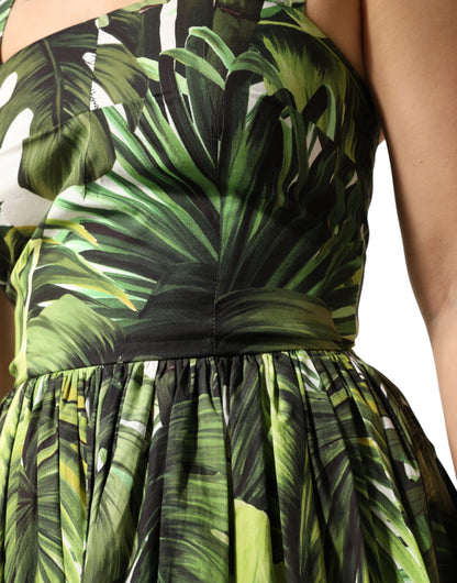Green Leaves Print Cotton Halter Midi Dress