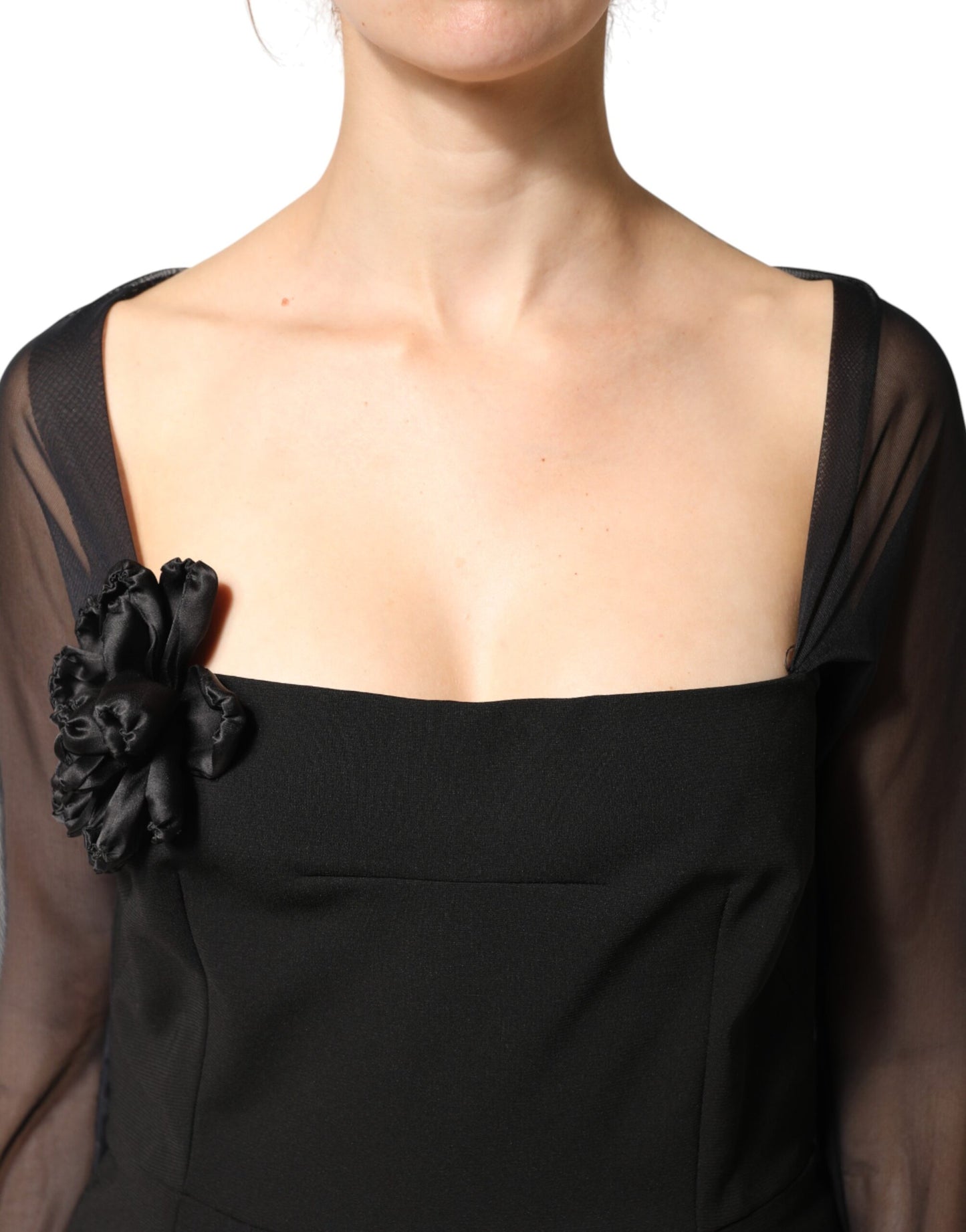 Black Sheer Yoke Rosette Sheath Midi Dress