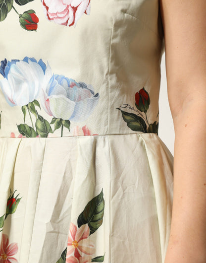 Beige Floral Sleeveless A-line Dress