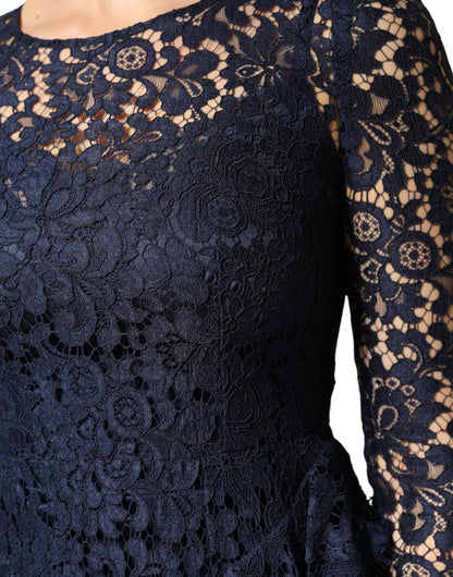 Blue Lace Ruffle A-line Knee Length Dress
