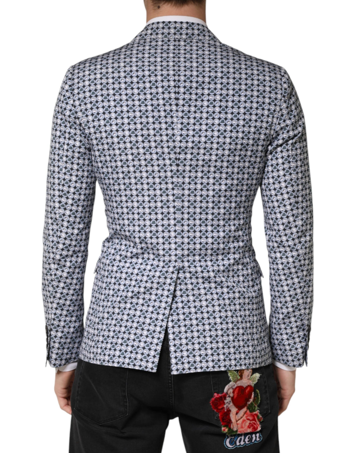 Blue Cotton Patterned Single Breasted Blazer