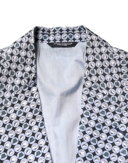 Blue Cotton Patterned Single Breasted Blazer